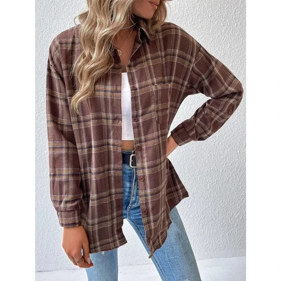Preppy oversized Plaid print long sleeve button up Shirt - Picture 5 of 11